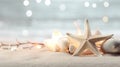 Starfish, shells and a candle on the sand, AI