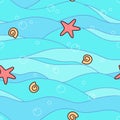 Starfish and shells float on the waves. Sea seamless pattern