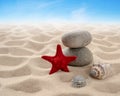 Starfish, shells, rocks lie on the sand against the sky. The concept of rest, sea, travel Royalty Free Stock Photo