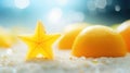 A starfruit is sitting on top of some oranges, AI Royalty Free Stock Photo