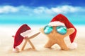 Starfish in sunglasses on summer beach and santa hat.