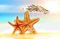 Starfish under umbrella on the summer beach. Royalty Free Stock Photo