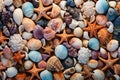 Starfish and various seashells macro background. Sshells have different shapes, colors and textures, creating stunning Royalty Free Stock Photo