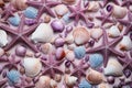 Starfish and various seashells macro background. Sshells have different shapes, colors and textures, creating stunning Royalty Free Stock Photo