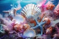 Starfish and various seashells macro background. Sshells have different shapes, colors and textures, creating stunning Royalty Free Stock Photo