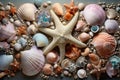 Starfish and various seashells macro background. Sshells have different shapes, colors and textures, creating stunning Royalty Free Stock Photo