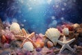 Starfish and various seashells macro background. Sshells have different shapes, colors and textures, creating stunning Royalty Free Stock Photo