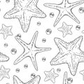 Starfish Vector seamless Pattern. Outline illustration of sea star Background. Black and white line art. Hand drawn Royalty Free Stock Photo