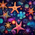 Starfishes, seashells and starfish on a dark background