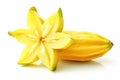 Starfruit, carambola with green leaves isolated on white background.