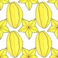 Starfruit or carambola. Seamless pattern with