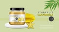 Starfruit jam vector realistic. Organic glass bottle label design. product placement 3d illustrations