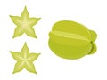 Starfruit set design with isolated whole and sliced sweet tropical fruit carambola. Exotic vegan food decorative elements