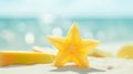 A starfruit slice and a slice of lemon on a sandy beach, AI Royalty Free Stock Photo