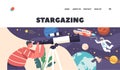 Stargazing Landing Page Template. Space Observation Hobby, Curious Boy Look In Telescope, Child Studying Astronomy