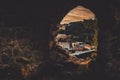 STARI BAR, MONTENEGRO - September, 2016: The old city view from ancient ruins of fortress. window concept, sunset Royalty Free Stock Photo