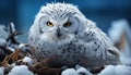 Staring owl perched on snowy branch, nature majestic symbol generated by AI Royalty Free Stock Photo