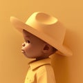 Staring toddler with a hat against a light yellow wall, digital character avatar AI generation