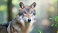 Staring into the yellow ember eyes of a male wolf animal portrait and wild life conservatory