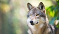 Staring into the yellow ember eyes of a male wolf animal portrait and wild life conservatory