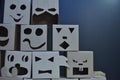 Stariy Oskol, Russia - June 14, 2019: Funny square heads of robots with emotions from a cardboard box