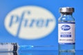 STARIY OSKOL, RUSSIA - NOVEMBER 23, 2020: Pfizer and biontech announced the creation of a vaccine to prevent COVID-19