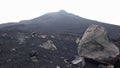 Stark and desolate volcano creater landscape with black lava sand and rocks and other craters behind Royalty Free Stock Photo