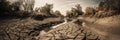 A stark and evocative image of a dry riverbed, showing the devastating effects of drought and climate change on natural