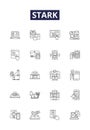 Stark line vector icons and signs. Rigid, Sharp, Defined, Severe, Bold, Clear, Hard, Harsh outline vector illustration