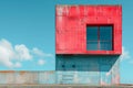 Red block building with geometric blue window