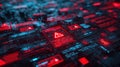 Stark red warning symbol, highlighting critical data breach, cybersecurity threat. Image features glitch effect, lines of code, Royalty Free Stock Photo