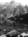 A stark reflection of the waters and stones of Morskie Oko - Poland - Tatra National Park in the Rybi Potok Valley Royalty Free Stock Photo