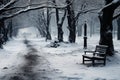 A stark, sorrowful winter landscape, trees cloaked in snows embrace