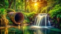Polluted Sewage Water Flowing From Concrete Pipe into Pristine Forest River Waterfall A Harrowing Image of Royalty Free Stock Photo