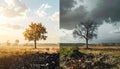 A stark visual representation comparing a thriving deciduous tree under a sunny sky with its barren counterpart beneath dark Royalty Free Stock Photo
