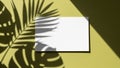 Tropical leaf shadow cast on a blank white card and yellow background Royalty Free Stock Photo