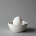 A stark white egg rests in a plain white ceramic bowl against a neutral gray backgroun Royalty Free Stock Photo