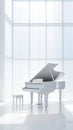 Stark White Wall, Playing Backdrop to Shining White Piano. Generative ai