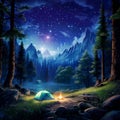 Starlight Sanctuary: A Nighttime Campsite Illuminated by a Thousand Stars