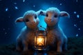 Starlit blue scene with lamb twins near a glowing lantern