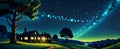 Starlit Night Over Cozy House Trees Mountains River Sky Royalty Free Stock Photo