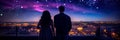 starlit night with on a rooftop terrace, a couple gazing at the night sky, and constellations shining overhead.