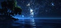Starlit Night Sky Over Calm Ocean with Silhouetted Tree and Sparkling Stars Royalty Free Stock Photo