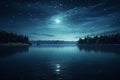 Starlit night sky over a tranquil lake creating