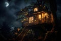 Starlit Night tree house. Fantasy forest