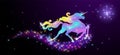 Starlit sky and iridescent unicorn with luxurious winding mane against the background of the fantasy universe with sparkling stars