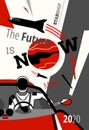 Starman In Space Suit On Tesla Roadster. Space Rocket Spaceship Mars Vector Retro Illustration Poster. Future Is Now Art
