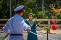 STAROCHERKASSK, RUSSIA - CIRCA SEPTEMBER 2020: cossack sword chopping mellon Royalty Free Stock Photo