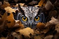 starring owl with golden brown maples leaves, ai generated