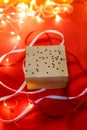 Starry craft present with blurred lights and ribbons on red background